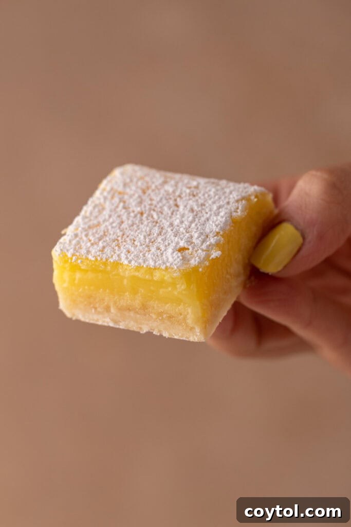 A hand holding a perfectly cut small batch lemon bar, showing its inviting texture.