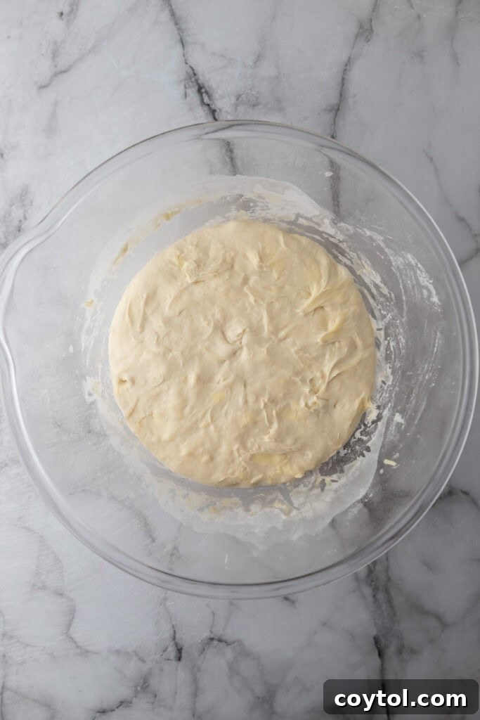 Sourdough dough undergoing bulk fermentation in a clear glass bowl, showing initial signs of rise and bubble formation.