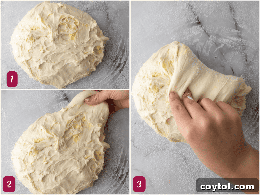 The sourdough dough being folded down from the top third towards the center, mimicking the letter-folding technique during pre-shaping.