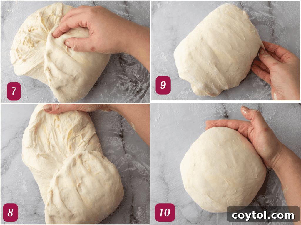 The sourdough dough, now shaped into a tight boule, being carefully placed into a floured banneton with a bench scraper.