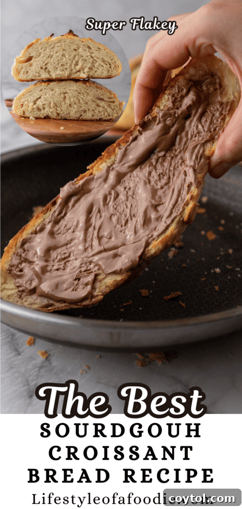 Close-up of Sourdough Croissant Bread highlighting its golden color and delicate layers, ideal for pinning.