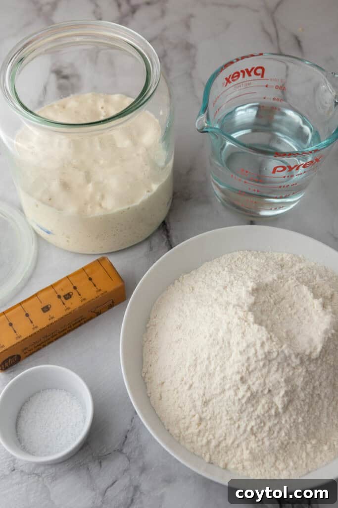A beautifully arranged selection of fresh ingredients for Sourdough Croissant Bread, including flour, sourdough starter, water, salt, and cold unsalted butter.