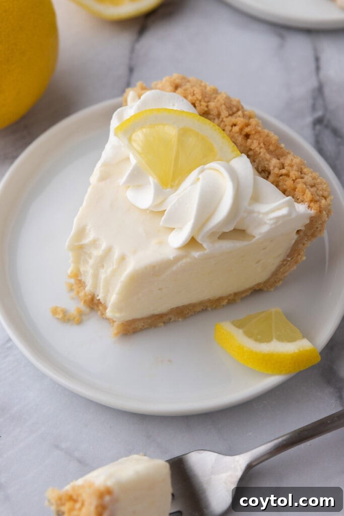 no bake lemon pie overhead shot of a slice