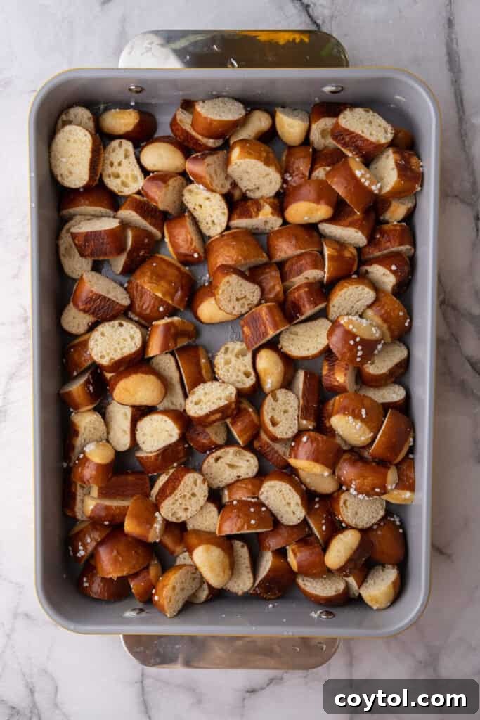 Pretzel Crusted French Toast Casserole 5 bread pieces in a dish