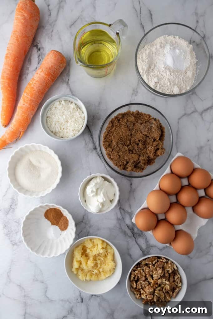 Carrot Cake Sheet Cake recipe ingredients laid out, including flour, sugar, carrots, eggs, and spices, ready for baking
