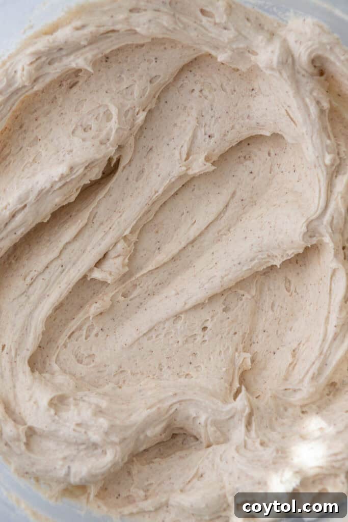 close up view of the Brown Butter Frosting Recipe in a bowl