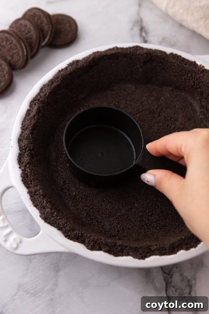 Oreo Pie Crust Recipe overhead shot with a slice removed