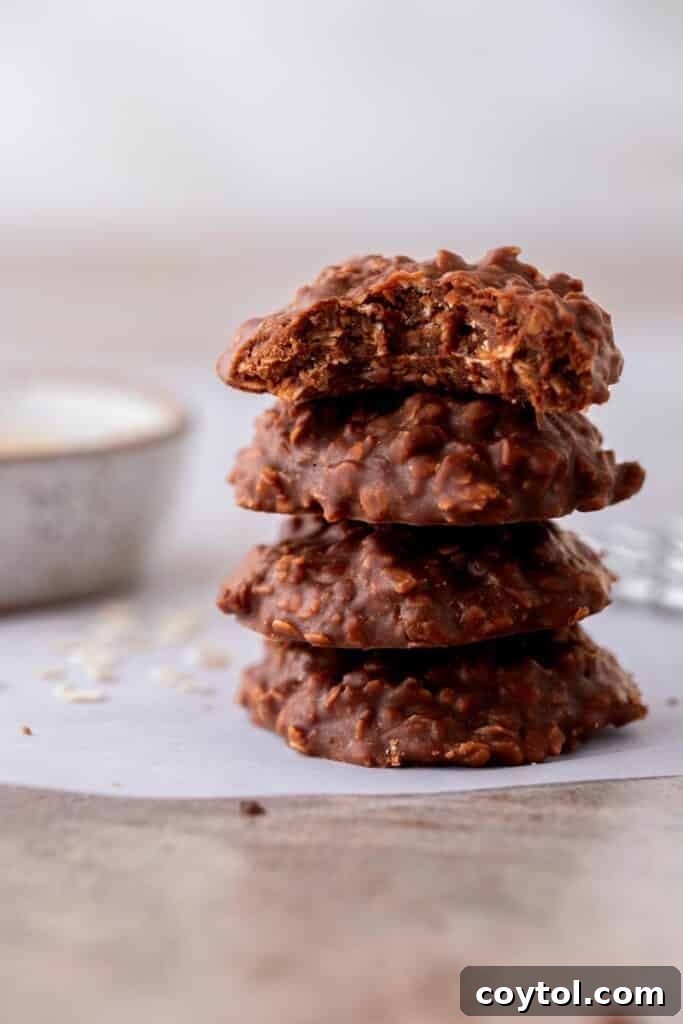 A close-up shot of a single no-bake chocolate oatmeal cookie, showing its rich, textured surface.