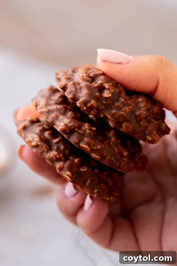 A hand holding a single no-bake chocolate oatmeal cookie, ready to be eaten.