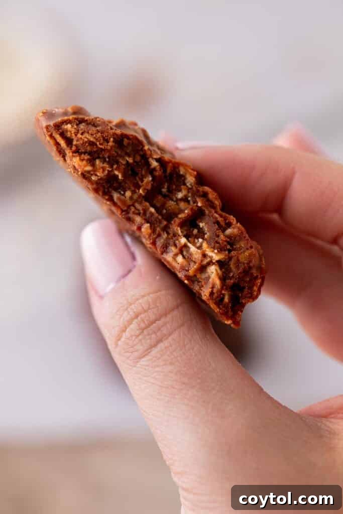 A hand presenting a perfectly shaped no-bake chocolate oatmeal cookie with its textured surface visible.
