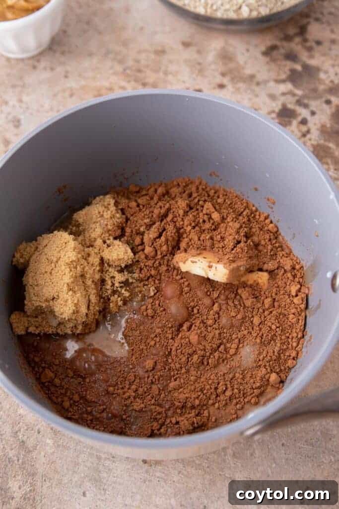 Wet ingredients (butter, sugars, milk, cocoa) combined in a saucepan on the stove, before boiling.