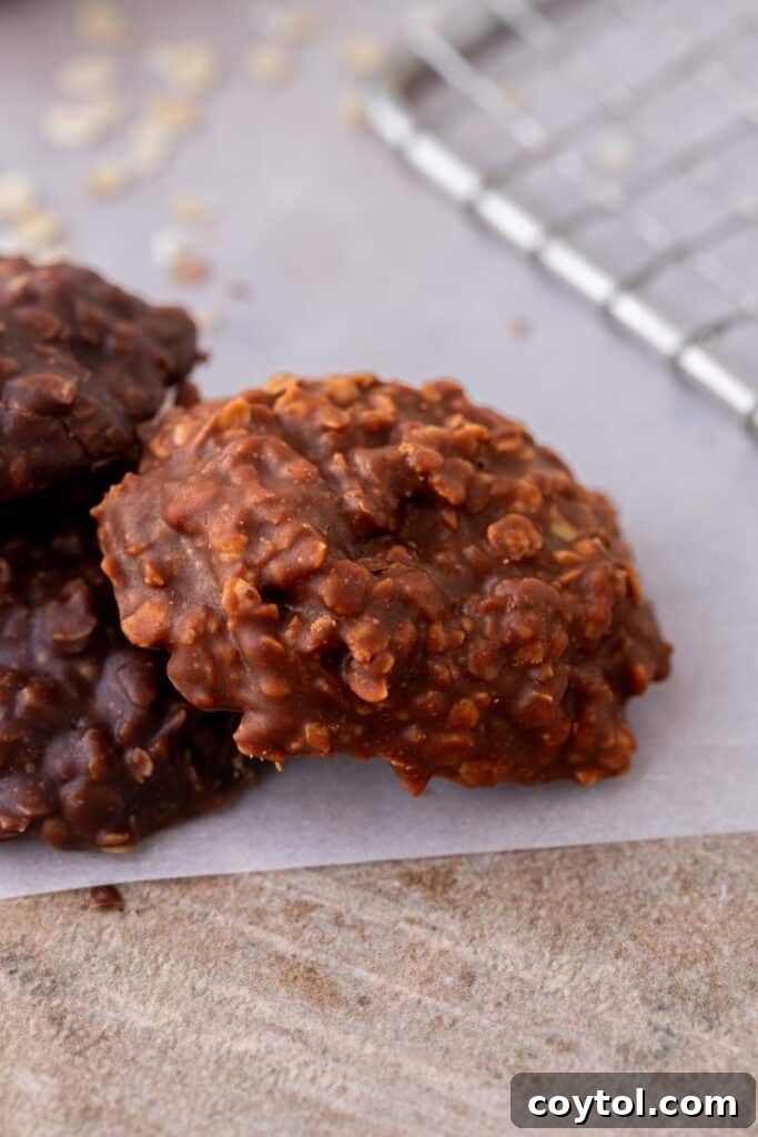 Close-up of classic no-bake chocolate oatmeal cookies on a sheet pan, showing their bumpy, oat-rich texture.