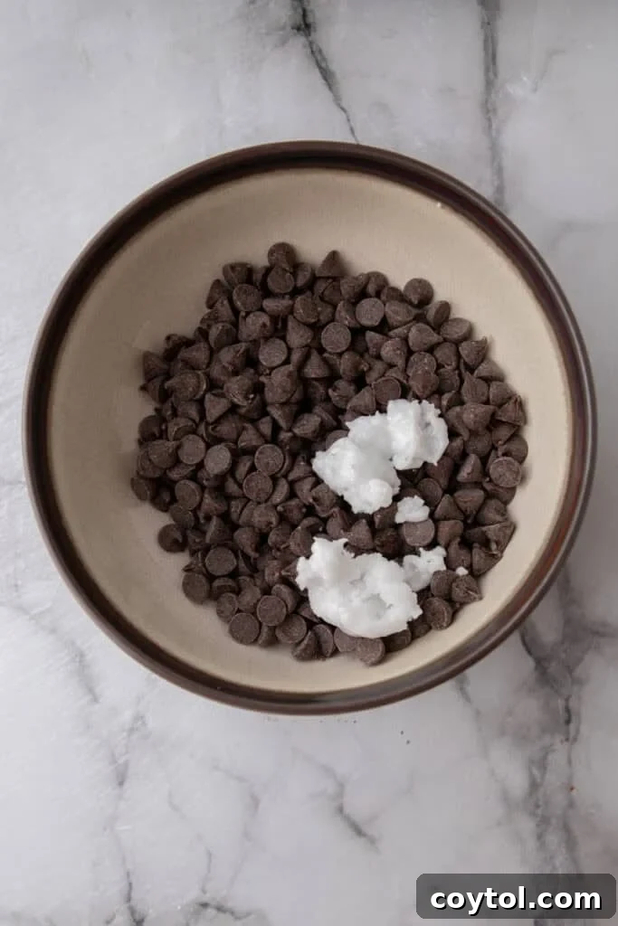 Semi-sweet chocolate chips and coconut oil in a bowl, ready to be melted for the topping.