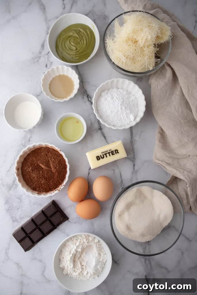 Dubai Chocolate Brownies Recipe ingredients laid out on a table