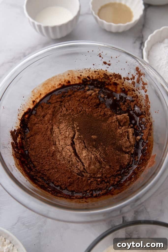 Melted chocolate mixture with cocoa and espresso powder mixed in.