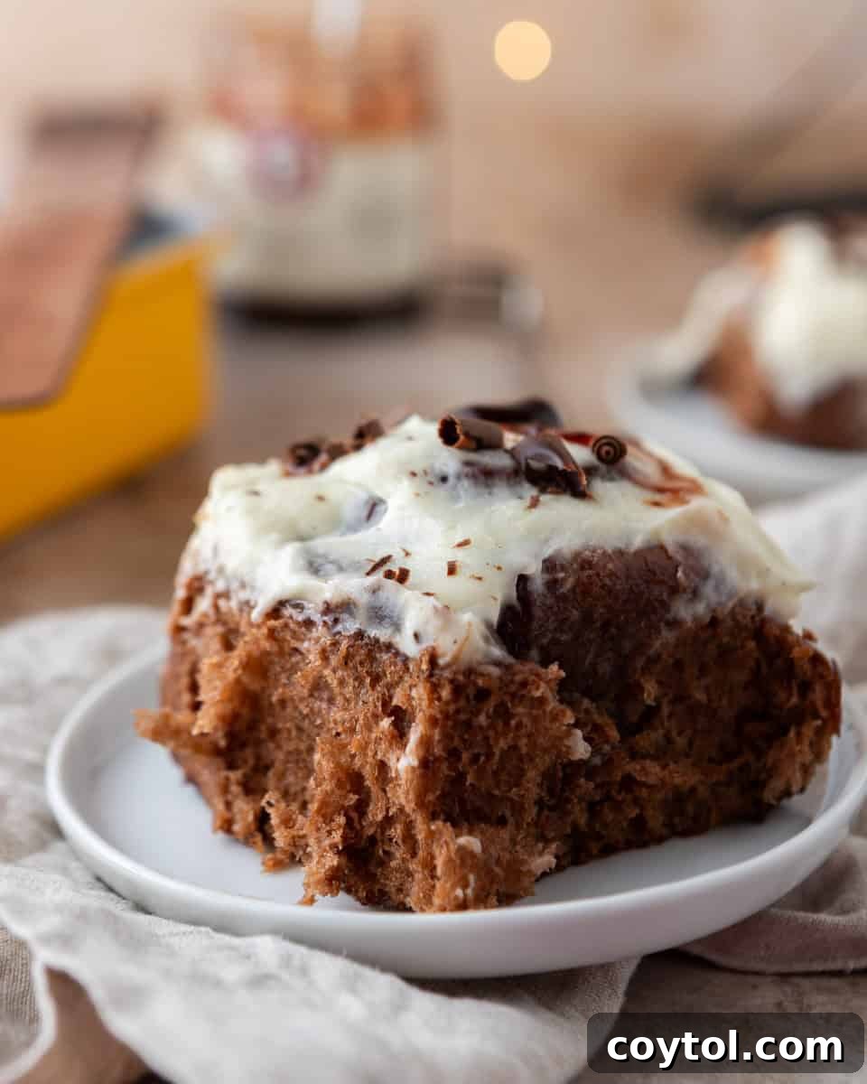 Black Forest cinnamon roll with vanilla mascarpone frosting on plate
