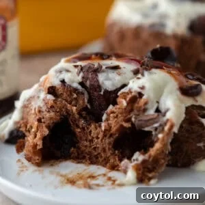 Soft Black Forest cinnamon roll with chocolate dough, cherry filling, and vanilla mascarpone frosting on a plate