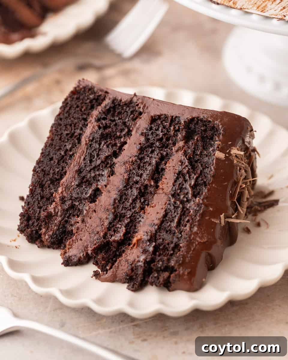 Slice of rich fudgy layer cake with chocolate frosting and a fudgy crumb