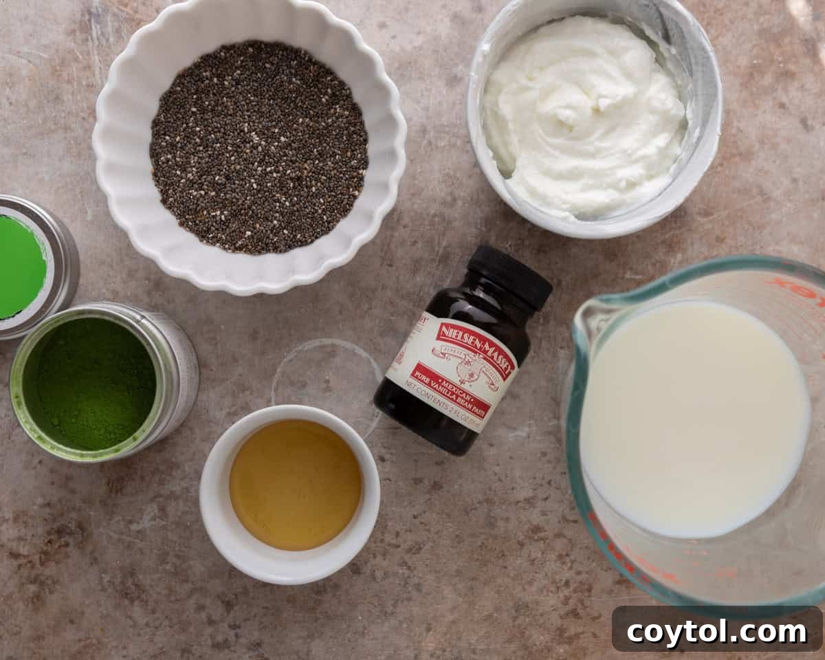 Ingredients needed to make matcha chia pudding including chia seeds, Greek yogurt, milk, maple syrup, vanilla, and matcha powder arranged neatly for a visual guide.