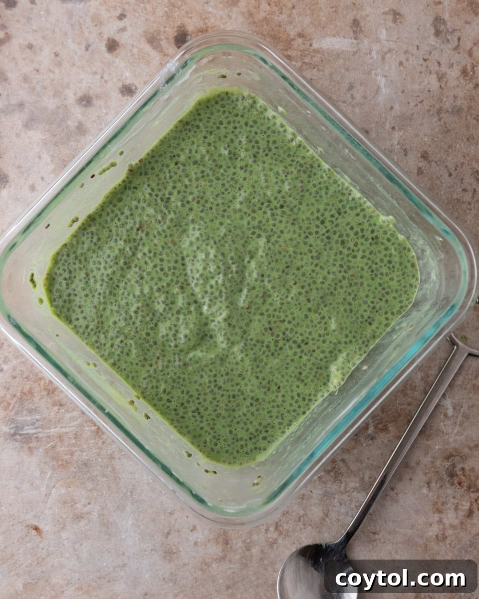 Freshly mixed matcha chia pudding mixture in a glass jar, perfectly prepared and ready for refrigeration.