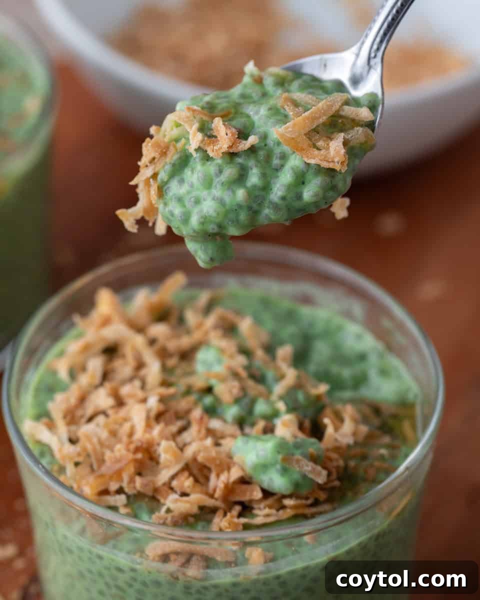 Spoonful of creamy matcha chia pudding showing thick, luscious pudding texture, inviting and delicious.