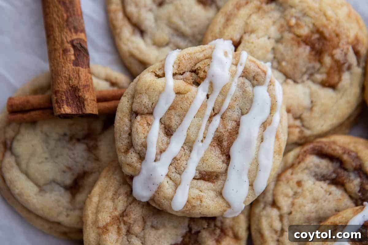Cinnamon roll sugar cookies drizzled with vanilla bean glaze