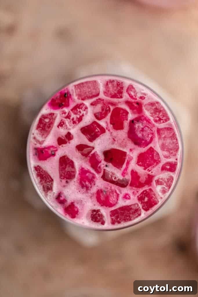 Unlock Starbucks Flavors: 65+ Beloved Recipes You Can Make 16 Overhead view of a homemade Starbucks pink drink with freeze dried dragonfruit pieces and coconut milk