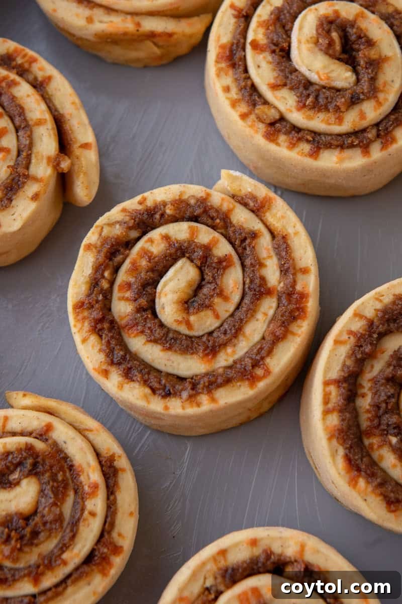 Unbaked carrot cake cinnamon rolls showing the spiral swirl pattern of brioche dough and spiced brown sugar filling