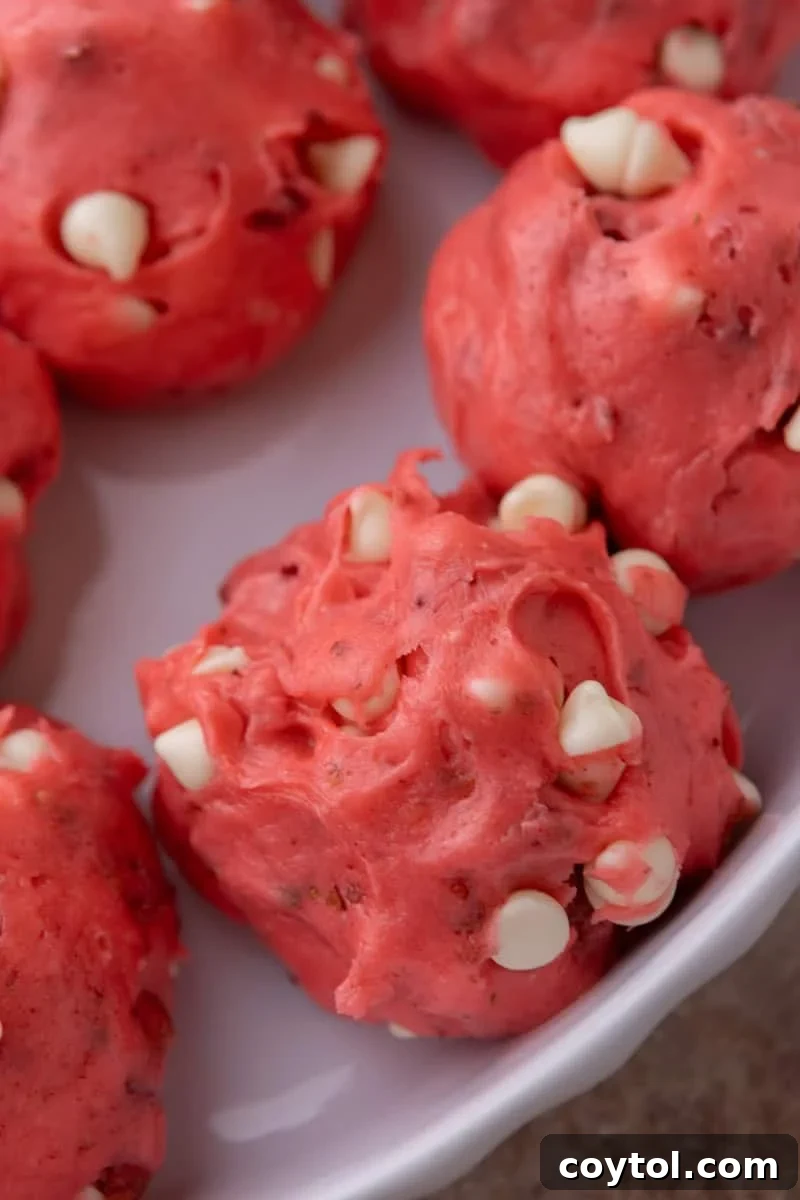Pink strawberry cookie dough balls with white chocolate chips on a white plate before baking
