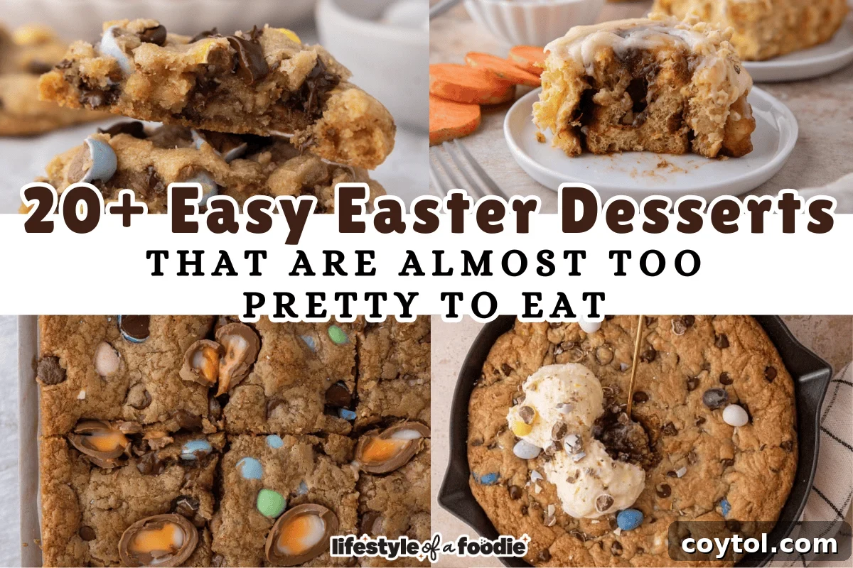 Effortless Easter Treats: Over 20 Recipes for a Memorable Spring Feast 2 0 plus easy easter desserts collage featuring Cadbury mini egg cookies carrot cake cinnamon rolls easter cookie bars and a skillet cookie from Lifestyle of a Foodie