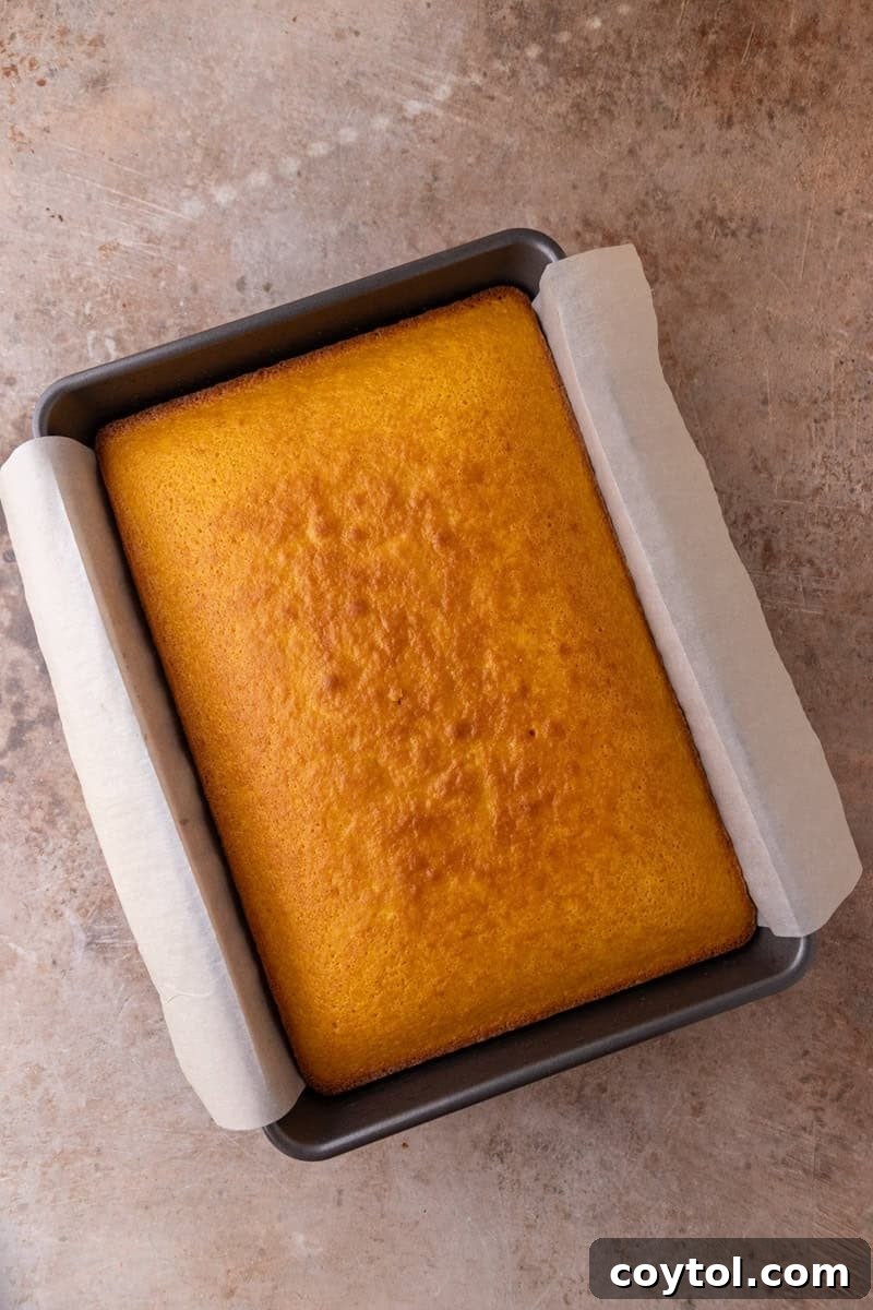 Vibrant Brazilian Carrot Cake with Decadent Chocolate Glaze 12 A freshly baked, vibrant golden-orange cake cooling in a parchment-lined 9x13 inch pan, awaiting its luscious chocolate glaze.