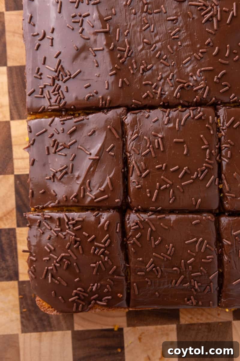 Vibrant Brazilian Carrot Cake with Decadent Chocolate Glaze 13 An overhead shot of a chocolate-glazed Brazilian carrot cake, beautifully sliced into squares on a rustic checkered wood board, topped with delicate chocolate sprinkles.