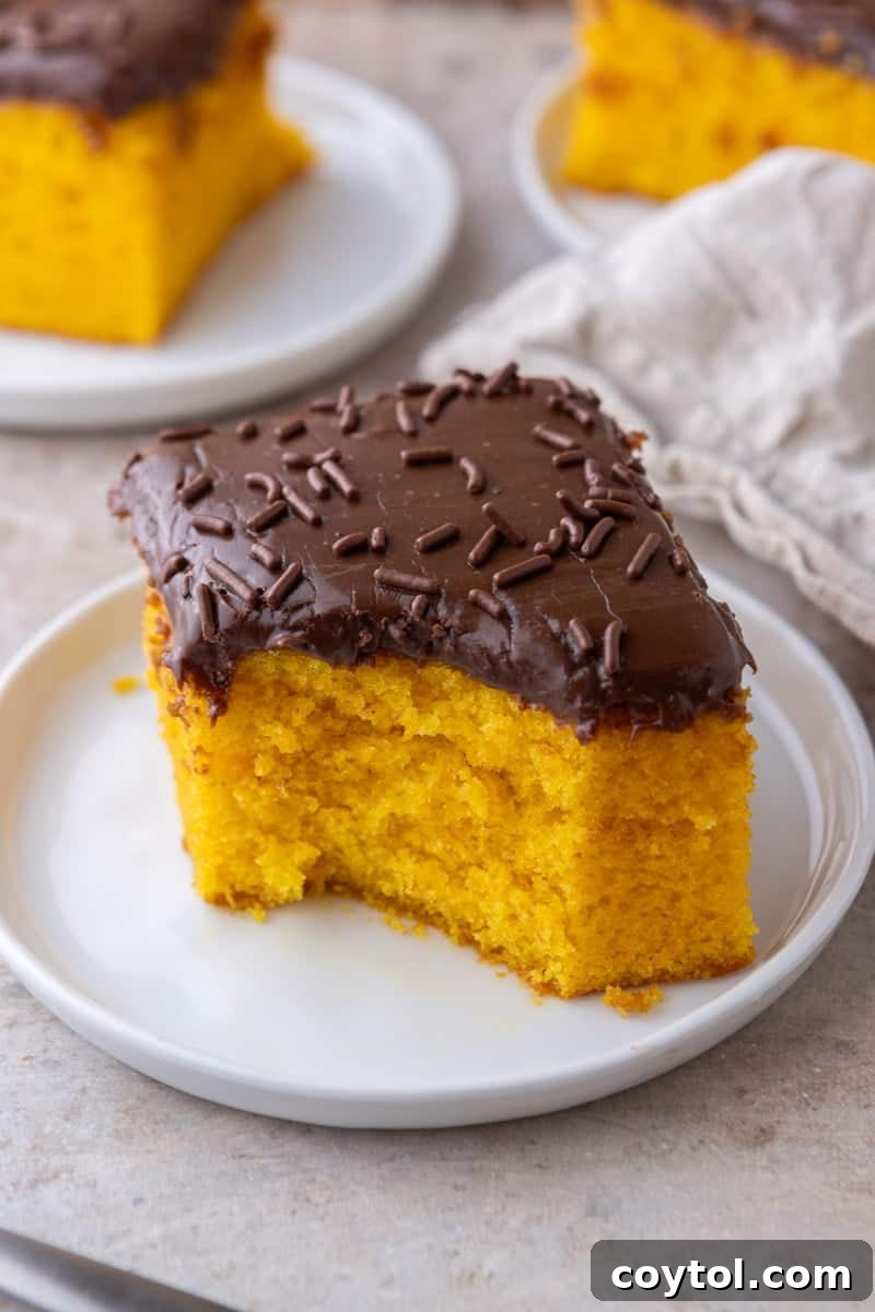 Vibrant Brazilian Carrot Cake with Decadent Chocolate Glaze 14 A perfectly square slice of Brazilian carrot cake with glossy chocolate glaze on a white plate, with more enticing slices visible in the soft-focus background.