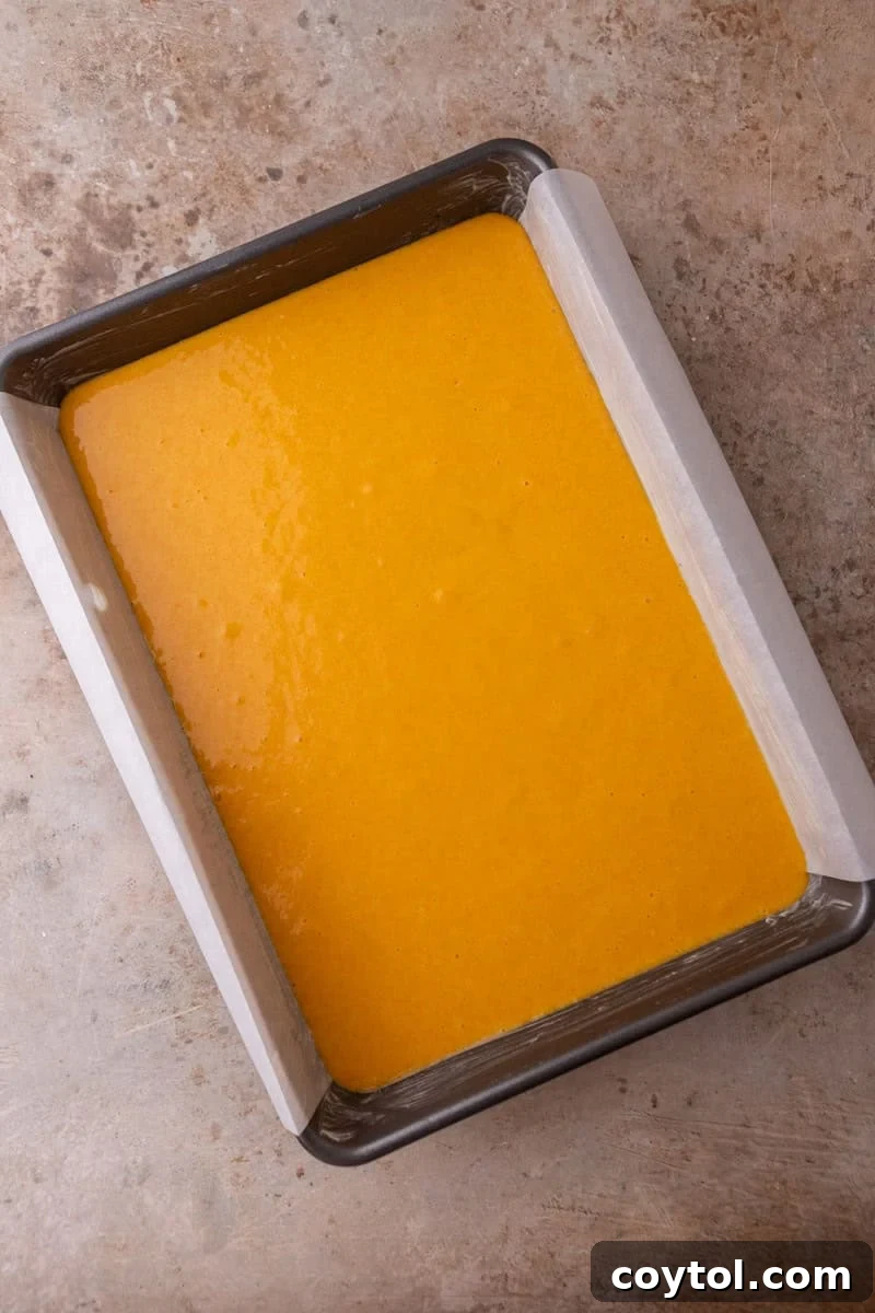 Vibrant Brazilian Carrot Cake with Decadent Chocolate Glaze 9 Unbaked Brazilian carrot cake batter, bright orange in color, perfectly poured into a parchment-lined 9x13 inch baking pan, ready for the oven.