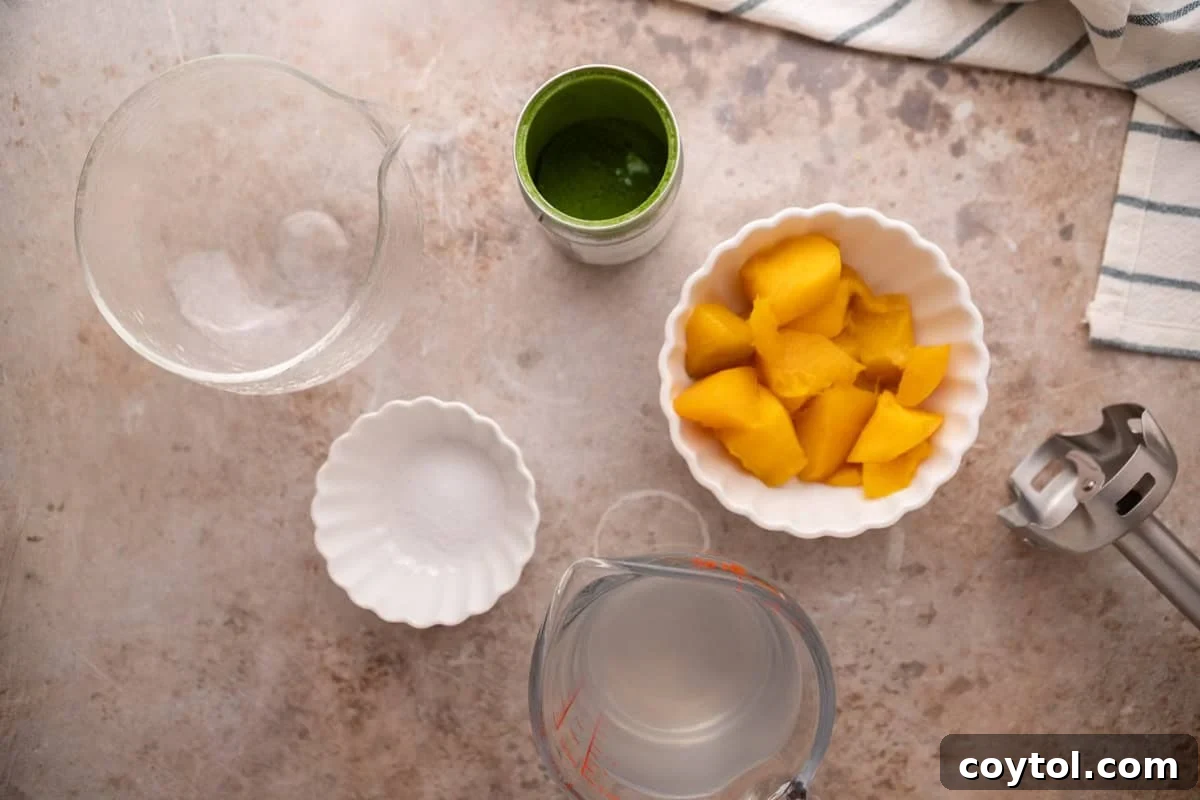 Fresh Mango Matcha Coconut Water Delight 3 ingredients for homemade mango matcha drink including fresh mango chunks, coconut water, and a small immersion blender