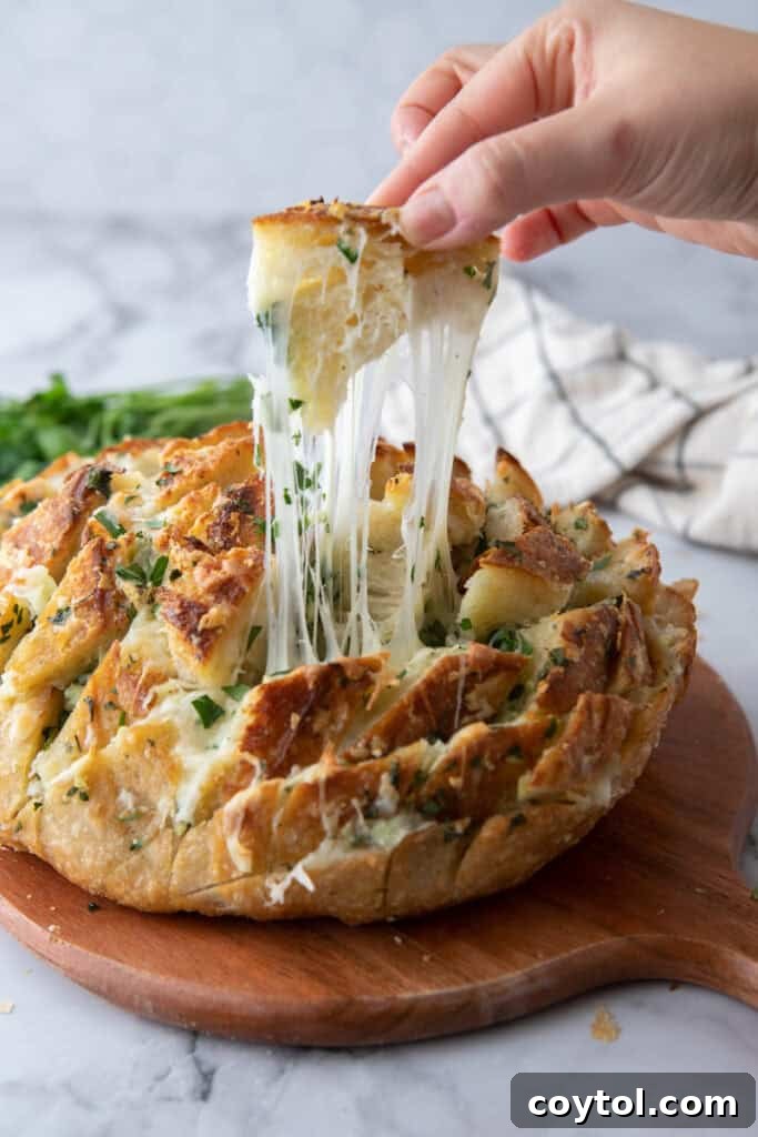 Golden Gooey Garlic Bread Pull Apart Perfection 11 A hand gently pulling apart a piece of baked sourdough garlic bread, visibly showcasing the long, stretchy strands of melted mozzarella cheese.