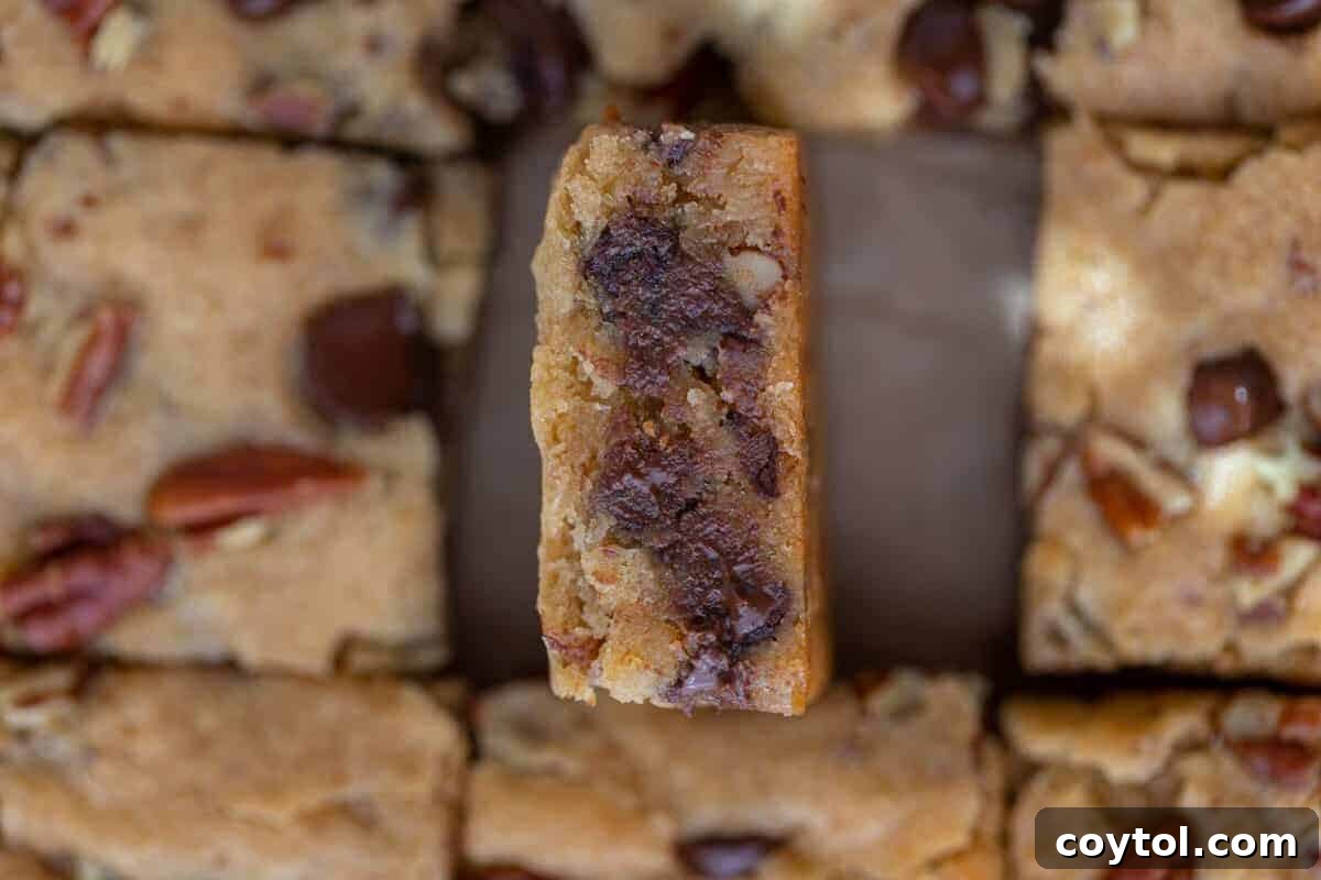 Chewy pecan chocolate chip blondies, neatly sliced into bars, with one piece delicately tilted to show its fudgy interior, studded with both melted chocolate and crunchy pecans, ideal for fall baking.