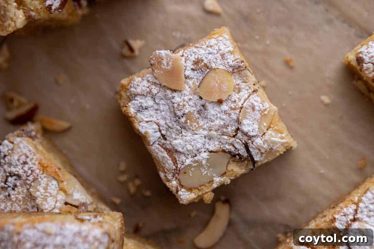 An elegant almond croissant blondie bar, richly topped with perfectly sliced almonds and a dusting of powdered sugar, clearly showing the luscious frangipane filling inside, a truly impressive dessert.