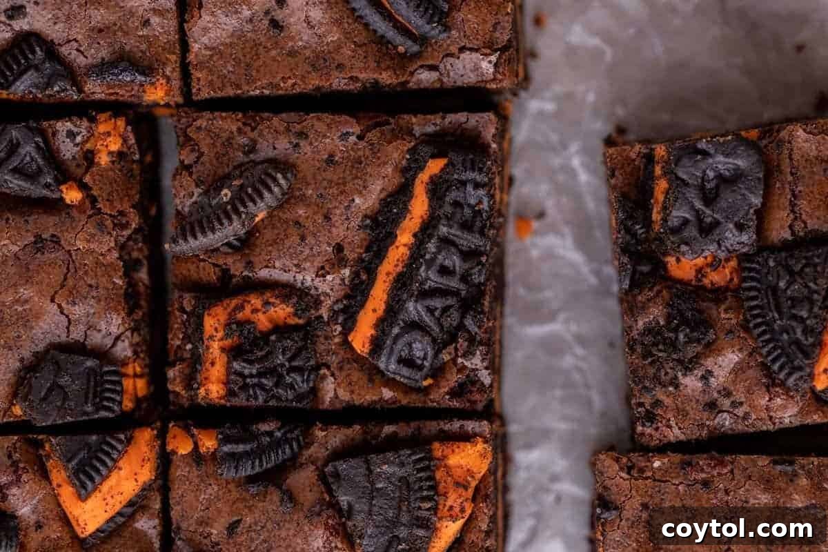 Overhead view of festive Halloween Oreo brownies, sliced into squares, with orange Halloween Oreo cookies baked into the fudgy brownie top, a guaranteed crowd-pleaser.