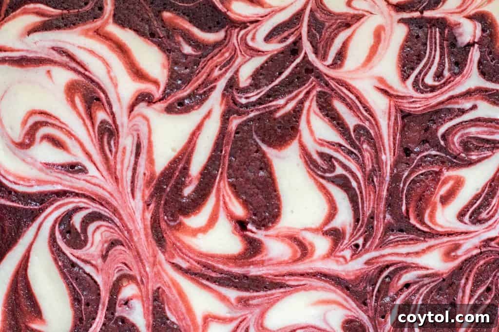 Close-up overhead view of exquisite cheesecake swirled red velvet brownies, showcasing the beautiful marbled pattern of creamy cheesecake and vibrant red velvet brownie batter, almost too pretty to eat.