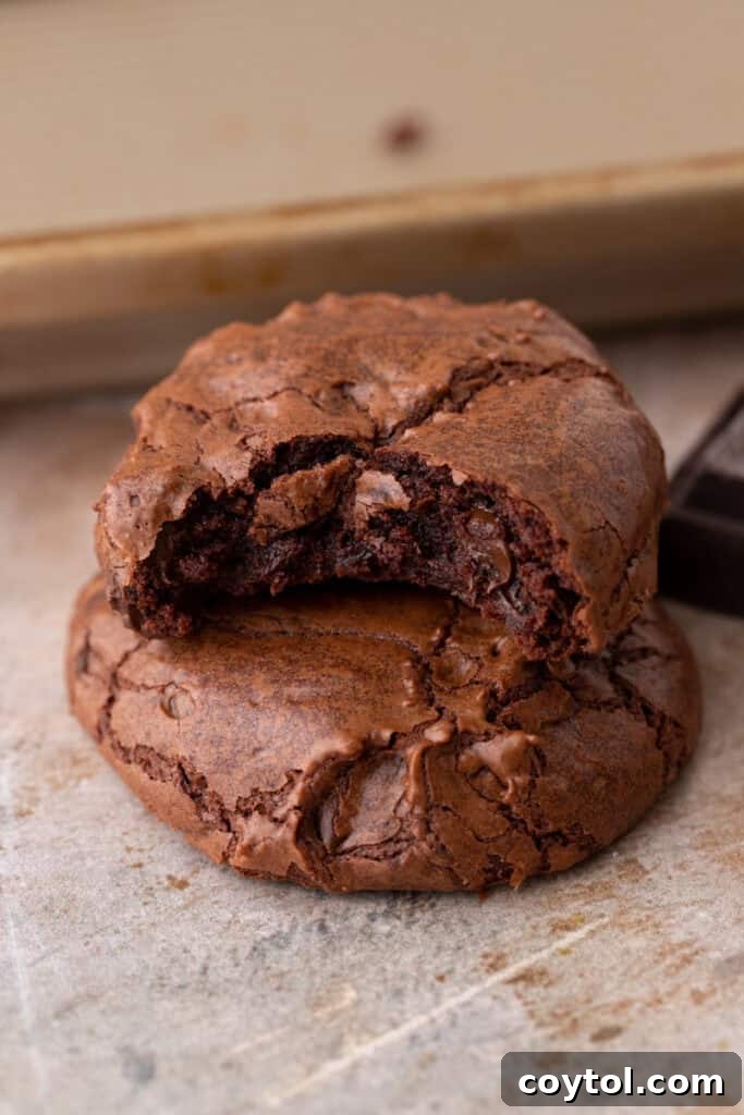 Two delectable small batch brownie cookies, neatly stacked, with the top cookie expertly broken in half to showcase its fudgy melted chocolate interior, next to dark chocolate squares, scaled down for a few.