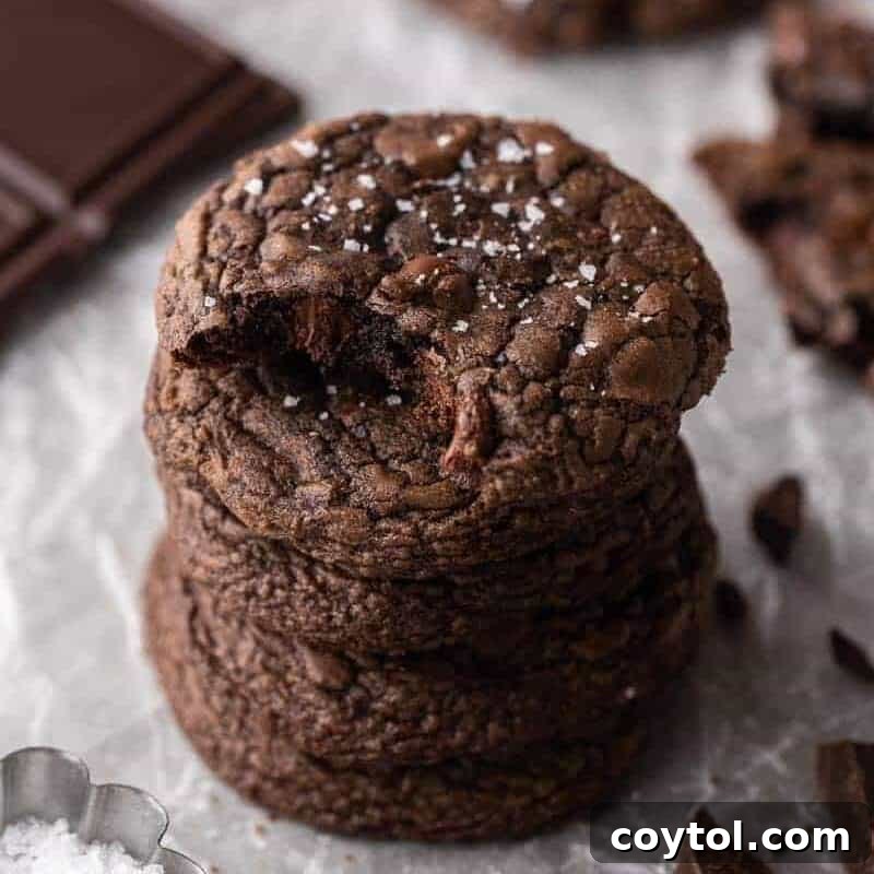 A delightful stack of four Crumbl brownie batter cookies, featuring beautifully crinkly tops and a sprinkle of flaky sea salt, elegantly arranged next to dark chocolate squares and delicate chocolate shavings, tastes like Crumbl bakery.