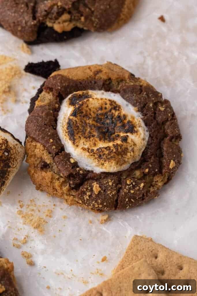 A mouthwatering Crumbl S'mores brownie cookie, beautifully displayed on parchment paper, showcasing its intricate layers: a rich chocolate brownie cookie base, infused with graham cracker crumbs, and crowned with a perfectly toasted marshmallow on top, a labor of love.