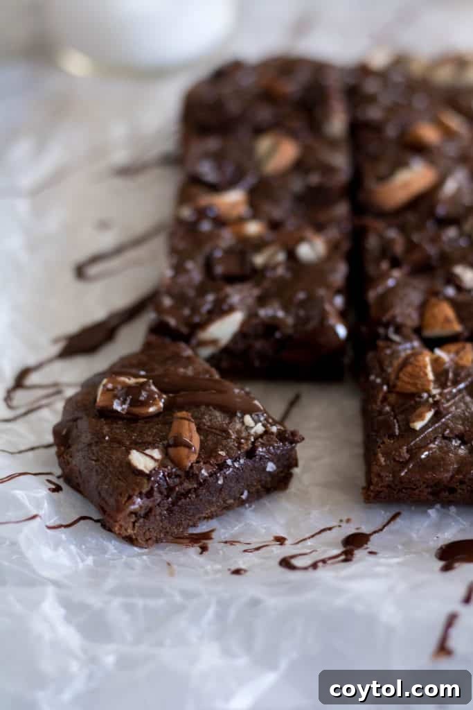 Fudgy vegan double chocolate brownies sliced into squares on parchment paper topped with chopped almonds and a chocolate drizzle with one piece pulled away, proving healthier can taste amazing.