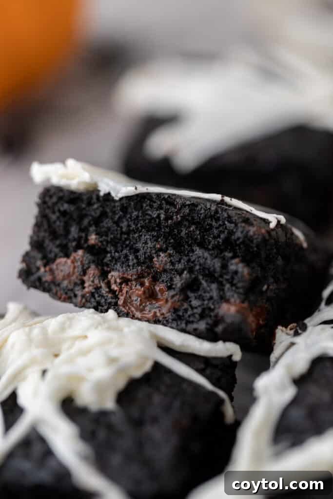 Midnight black cocoa brownies, adorned with a white chocolate spider web drizzle, showcasing their deeply dark, fudgy interior and intense Oreo-like chocolate flavor.