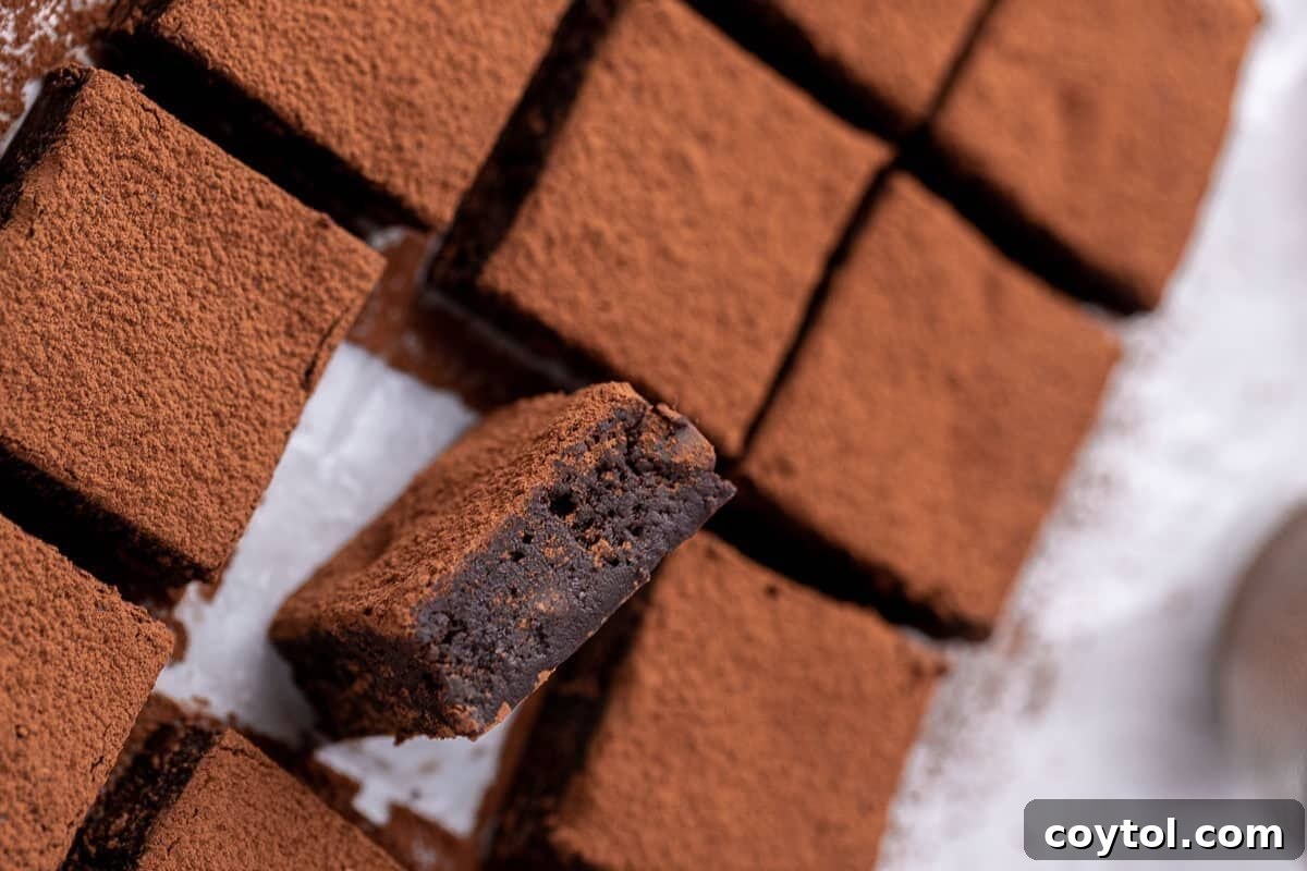 Red wine brownies dusted with cocoa powder, meticulously sliced into squares, with one piece tilted to reveal its dense, fudgy chocolate center, perfect for date night.