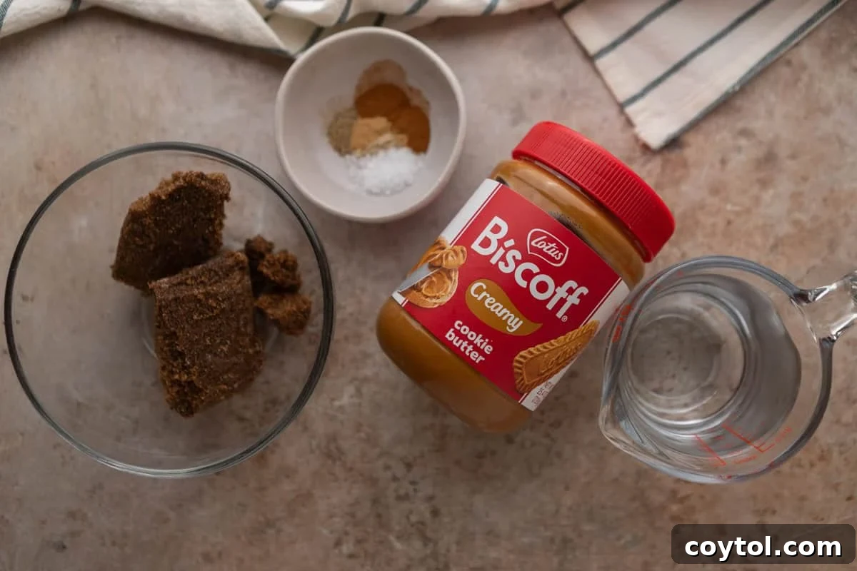  Ingredients for cookie butter coffee syrup including Lotus Biscoff spread, dark brown sugar, spices, and water measured out in bowls.