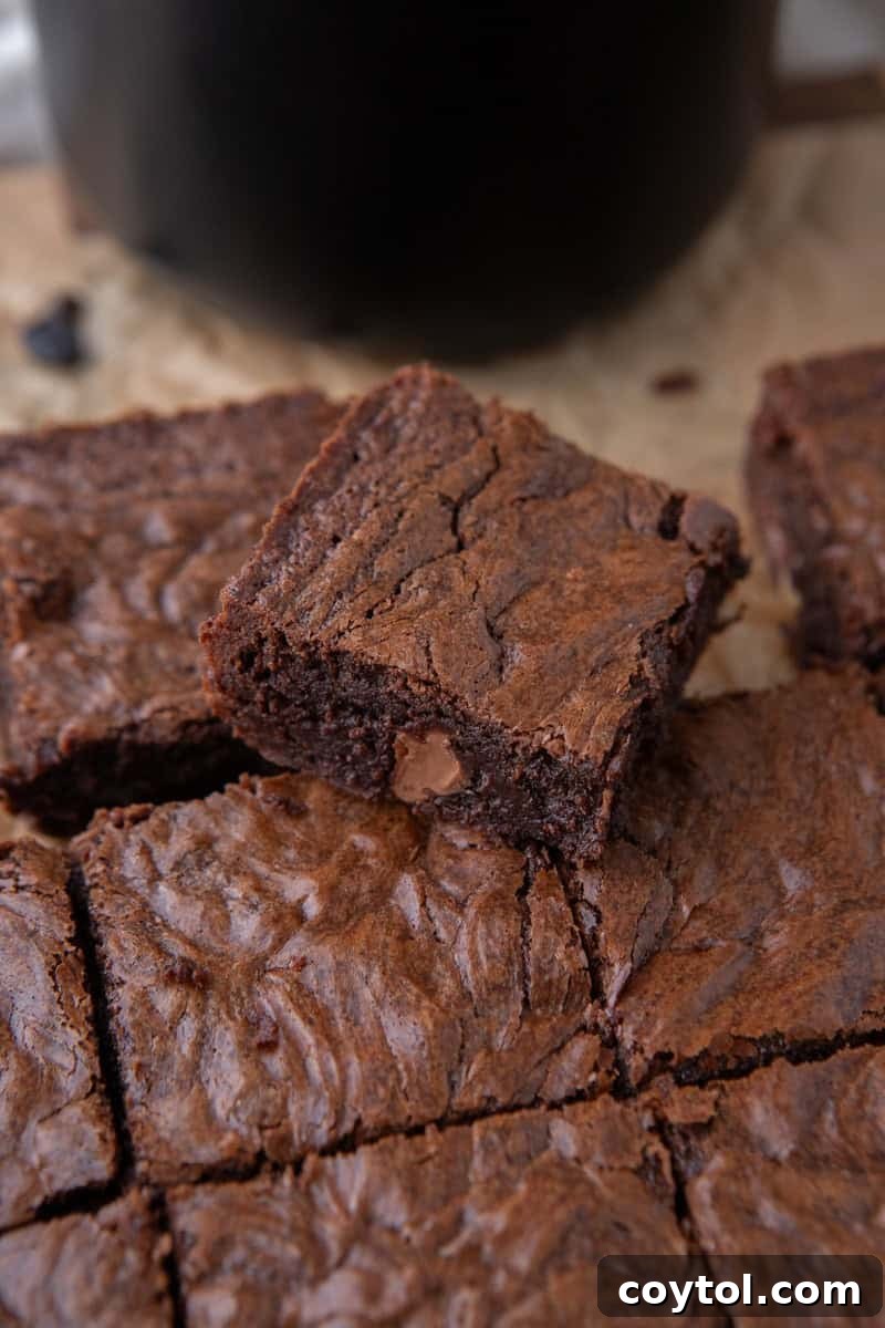Sliced fudgy coffee brownies with one piece tilted up showing the chewy dense interior