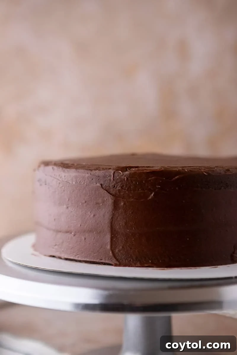 Layered marble cake with a thin, even crumb coat of chocolate cream cheese frosting on a cake turntable, ready for its final layer