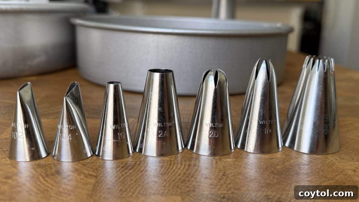 Various piping tips meticulously lined up on a kitchen counter, showcasing the tools used to decorate the marble cake with intricate designs